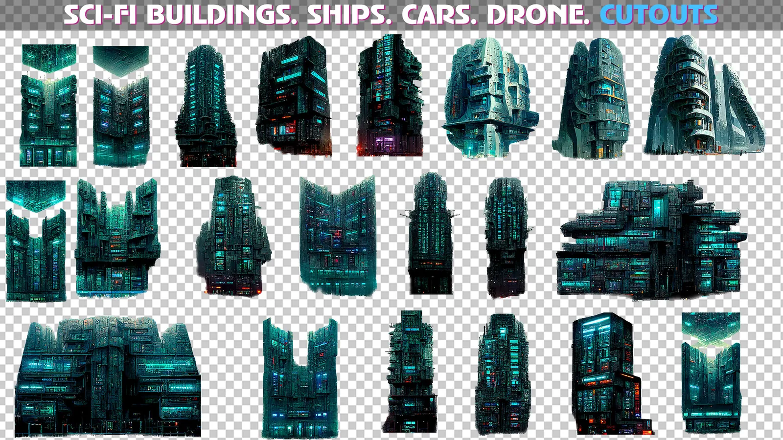 Sci-Fi Cutouts Buildings, Drone, Cars, Ships, Signboards - PNG Photo Pack preview 2