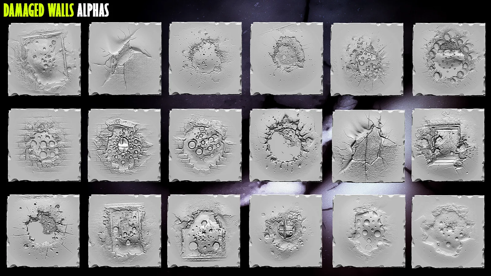 50+ Damaged Walls Alphas for Zbrush, Blender preview 3