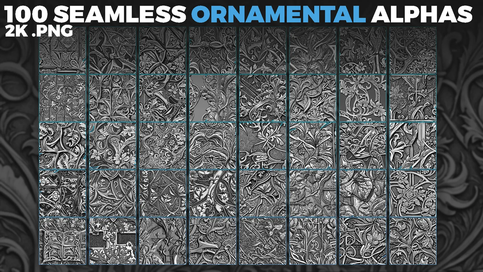 Ornamental Tileable Alphas (Displacement Maps) for ZBrush, Blender, Substance Painter vol. preview 2
