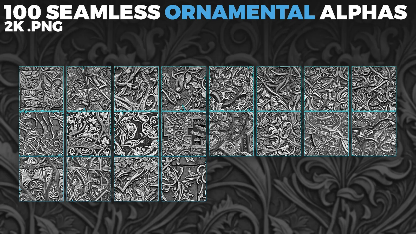 Ornamental Tileable Alphas (Displacement Maps) for ZBrush, Blender, Substance Painter vol. preview 3