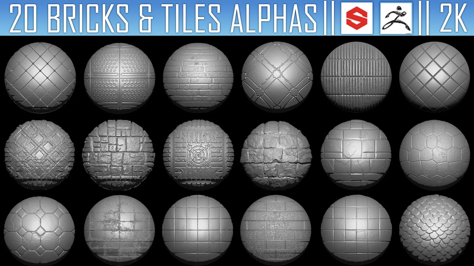 20 Bricks and Tiles Alphas Vol.1 (ZBRush, Substance, 2K) preview 1