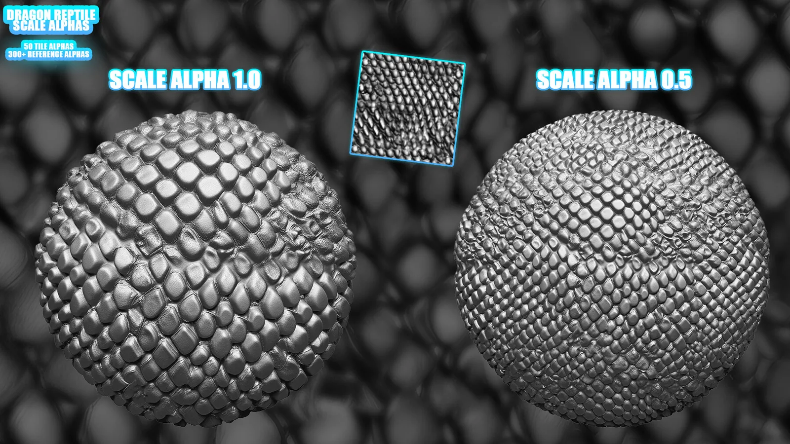 Dragon (Reptile) Scales Alphas for ZBrush, Blender ( tile alphas) vol. + Bonus - Blender Brushes preview 1