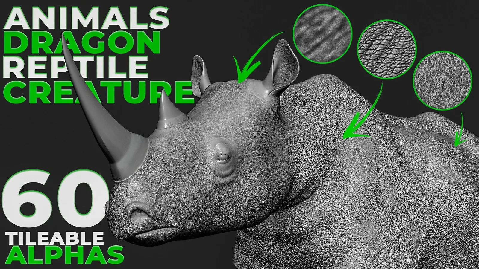 60+ Animals, Dragon, Reptile, Creature Alphas. ZBrush. Blender. Tileable.
