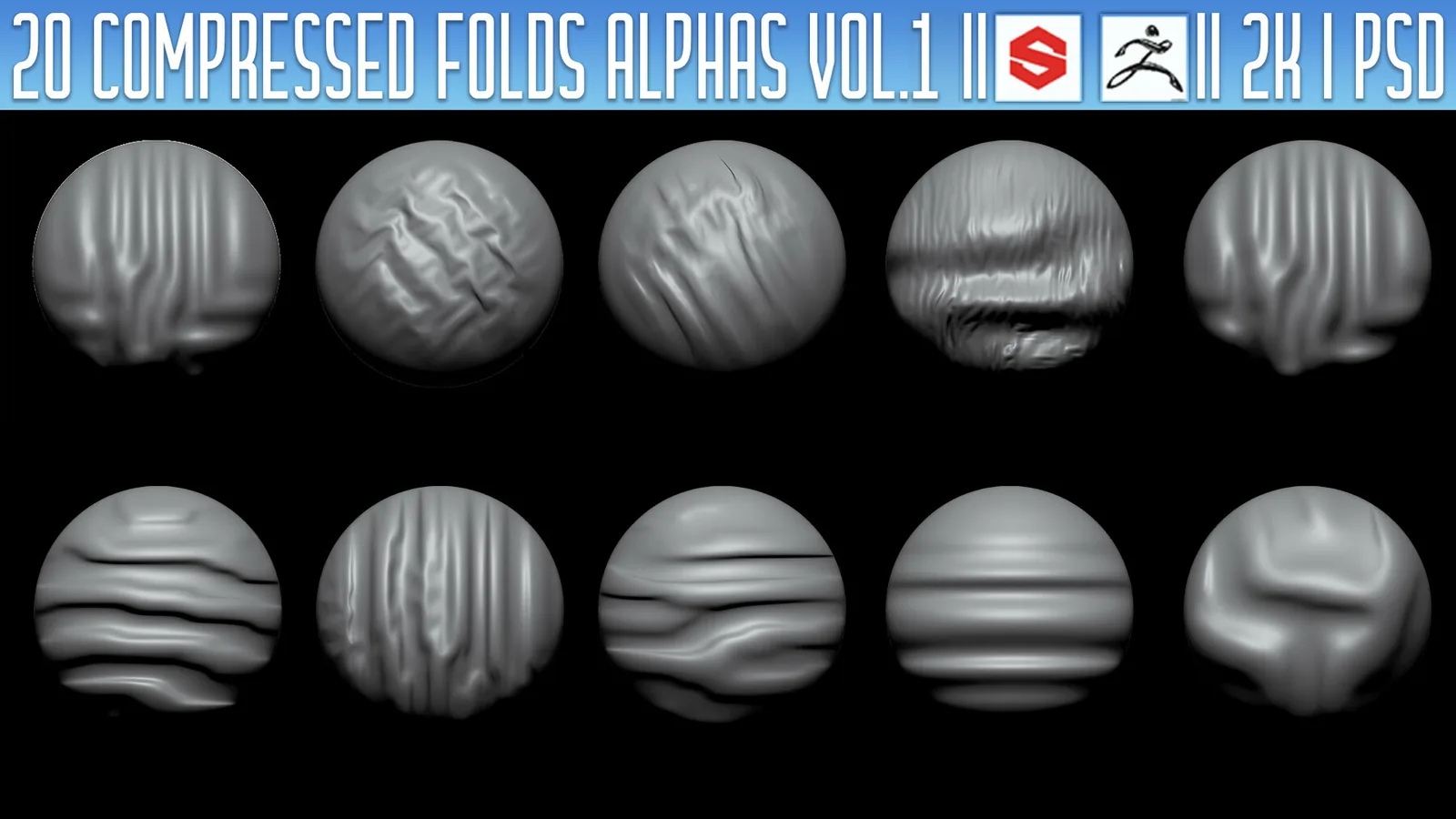 20 Compressed Folds Alphas Vol.1 (ZBRush, Substance, 2K, PSD) preview 1