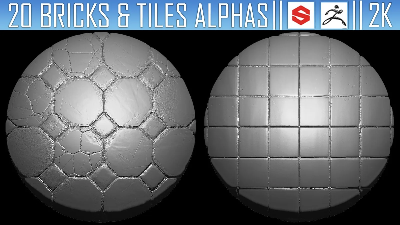 20 Bricks and Tiles Alphas Vol.1 (ZBRush, Substance, 2K)