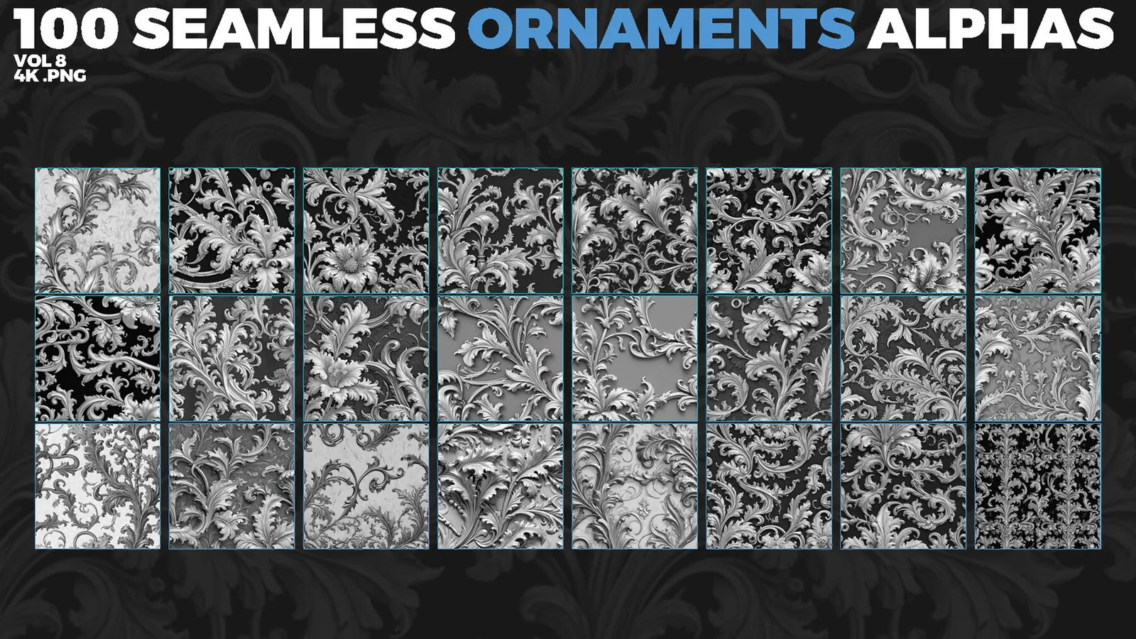 Ornamental Tileable Alphas (Displacement Maps) for ZBrush, Blender, Substance Painter vol. preview 3