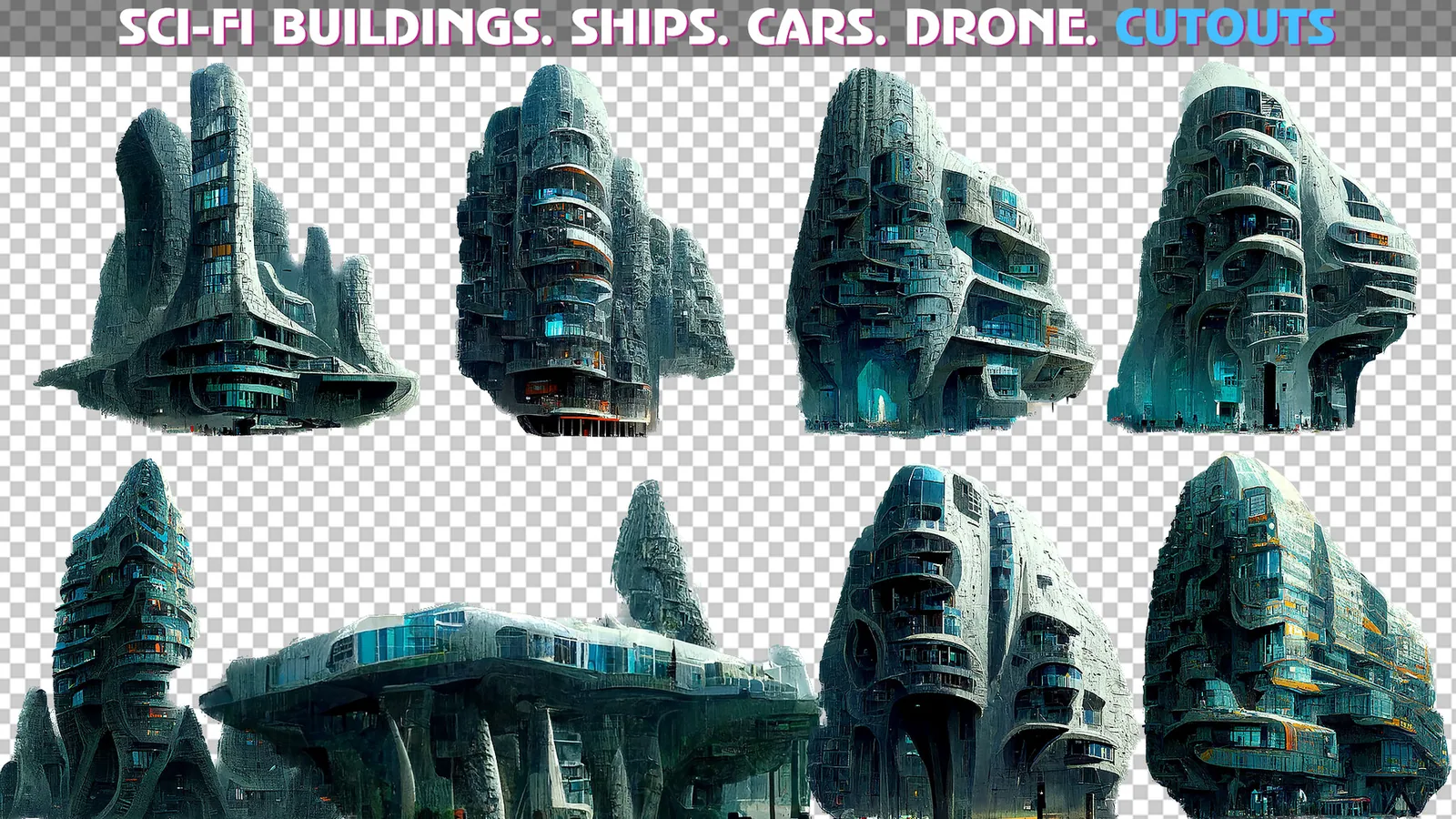 Sci-Fi Cutouts Buildings, Drone, Cars, Ships, Signboards - PNG Photo Pack preview 1