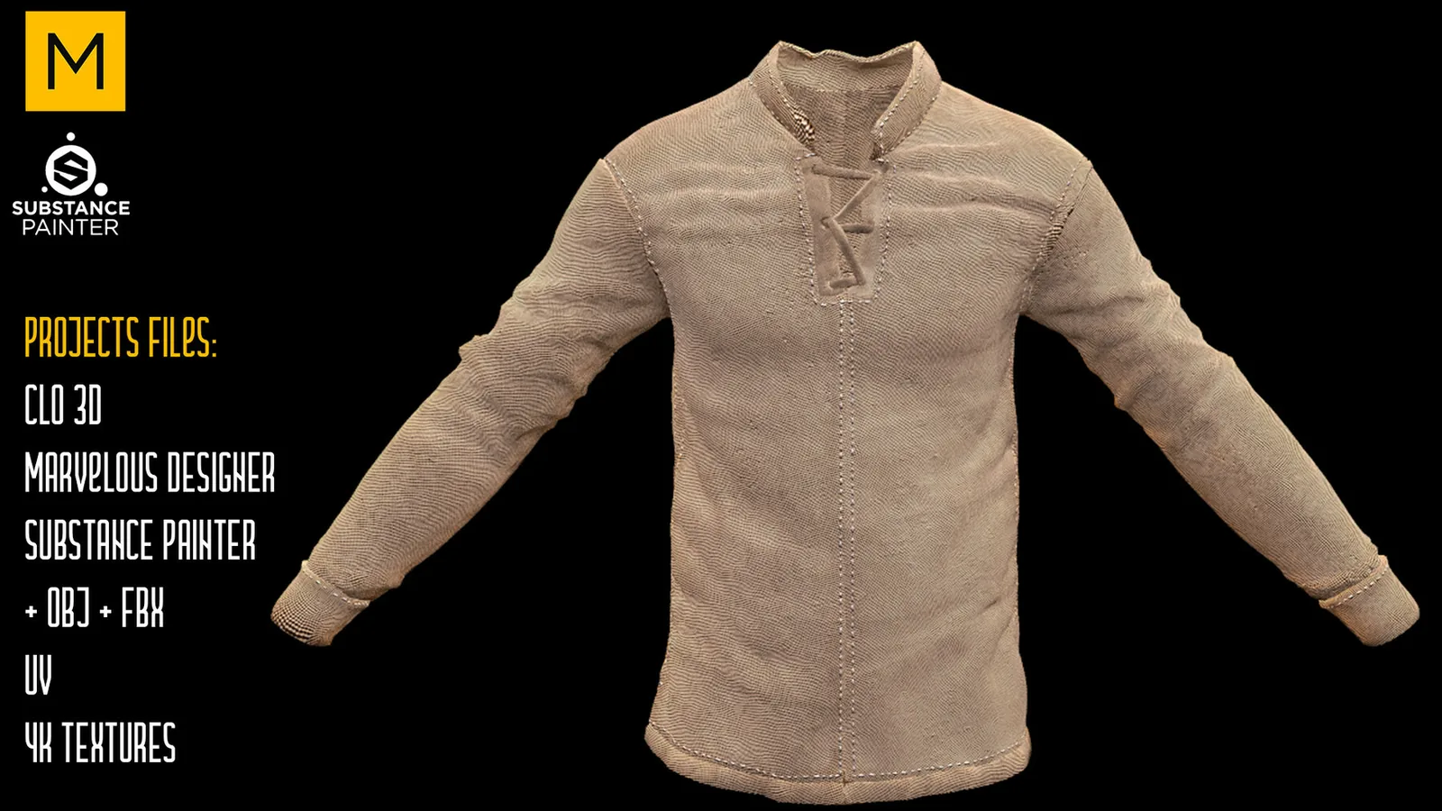 Medieval Shirt. CLO 3D & Marvelous & Substance projects. FBX & OBJ. 4K Textures. preview 2