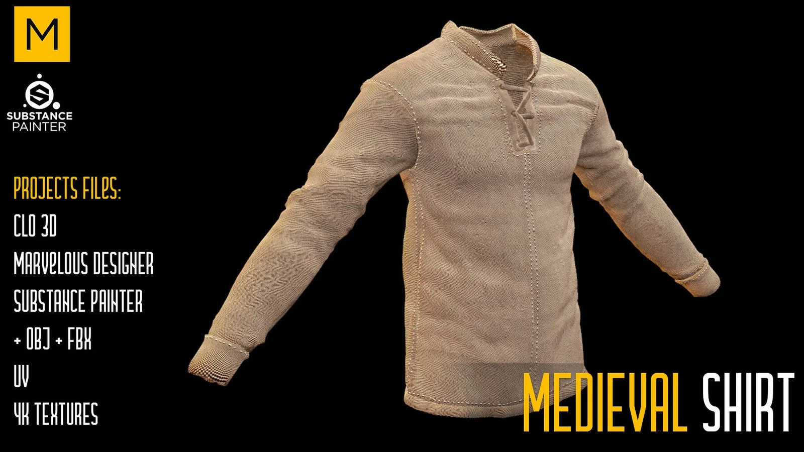 Medieval Shirt. CLO 3D & Marvelous & Substance projects. FBX & OBJ. 4K Textures. preview