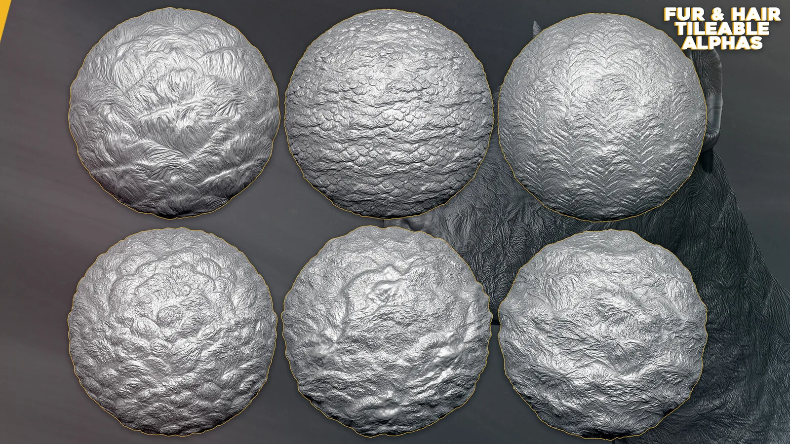 31 Fur and Hair Alphas (Tileable, Displacement Map) vol.4 for ZBrush, Substance preview 2