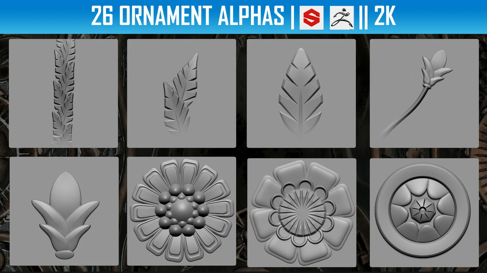 26 Ornament Alphas (ZBRush, Substance, 2K) preview 1