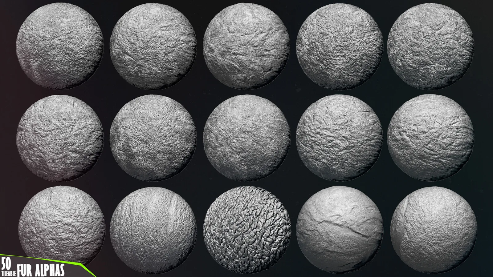50 Fur and Hair Alphas (Tileable, Displacement Map) vol.5 for ZBrush, Substance preview 2