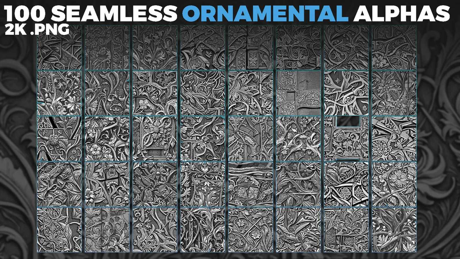 Ornamental Tileable Alphas (Displacement Maps) for ZBrush, Blender, Substance Painter vol. preview 1