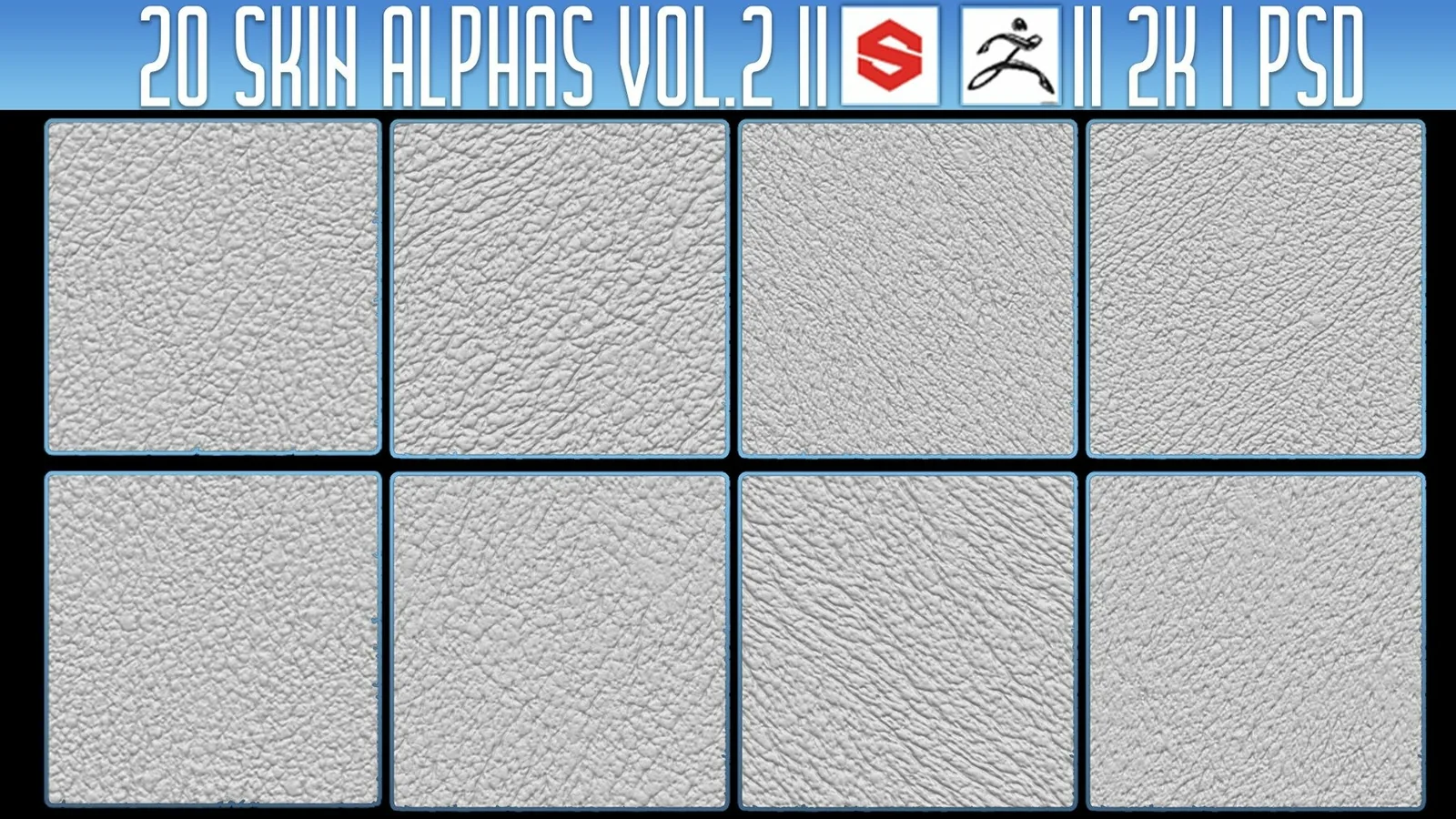 20 Skin Alphas Vol.2 (ZBRush, Substance, 2K, PSD) preview 1