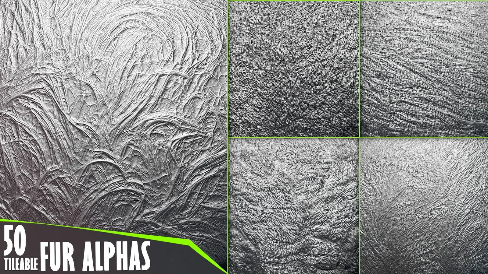 50 Fur and Hair Alphas (Tileable, Displacement Map) vol.5 for ZBrush, Substance preview