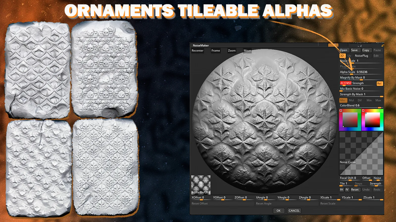 Ornaments Tileable Alphas (Displacement Maps) for ZBrush, Blender, Substance Painter preview 1