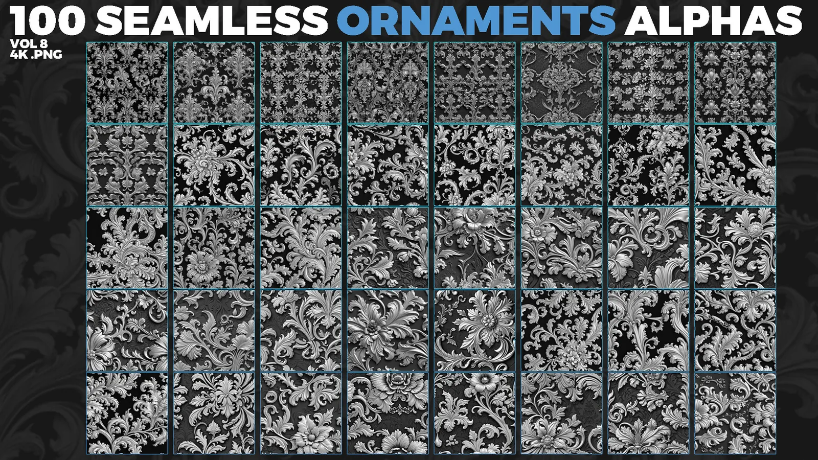 Ornamental Tileable Alphas (Displacement Maps) for ZBrush, Blender, Substance Painter vol. preview 1