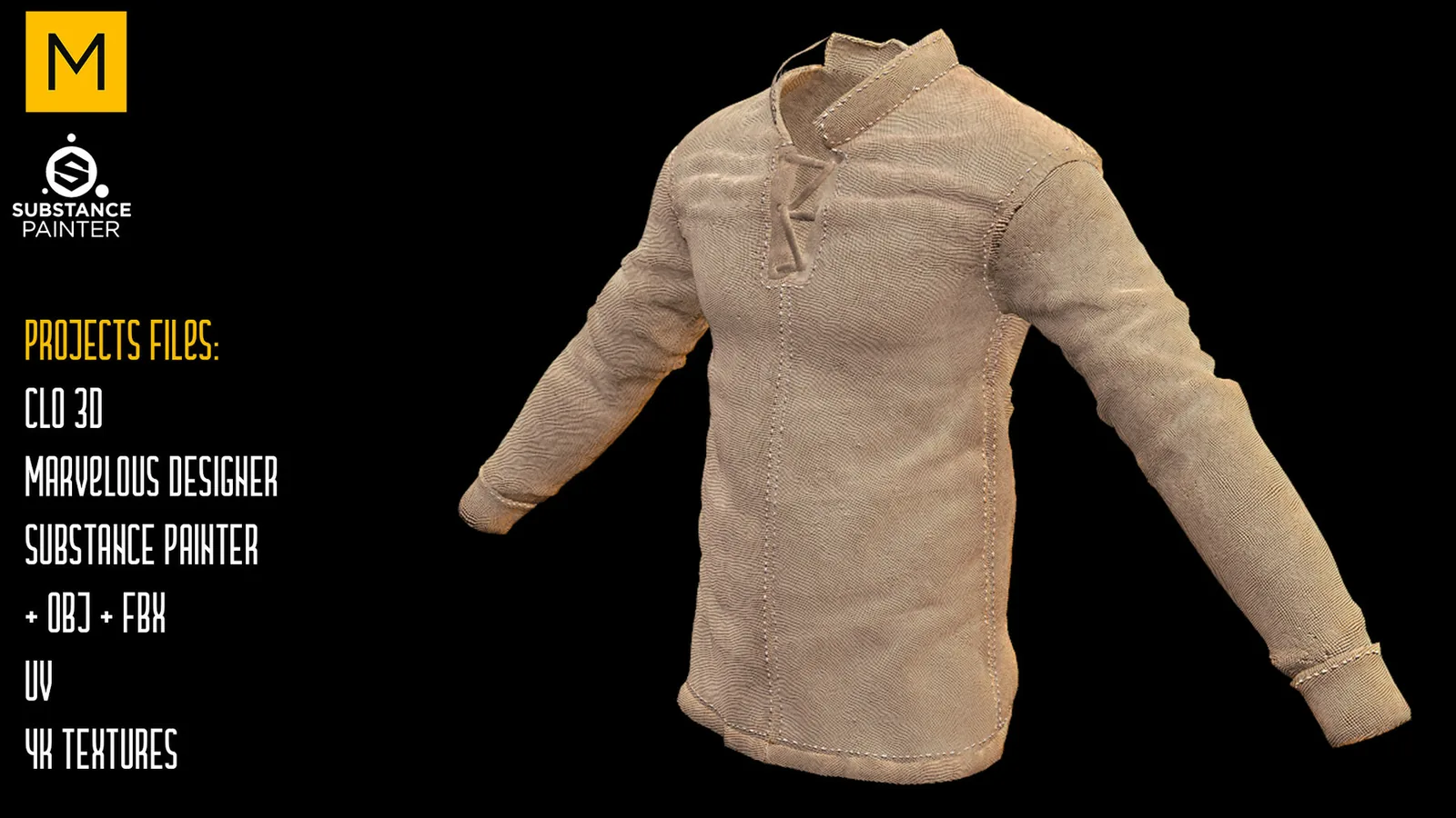 Medieval Shirt. CLO 3D & Marvelous & Substance projects. FBX & OBJ. 4K Textures. preview 1