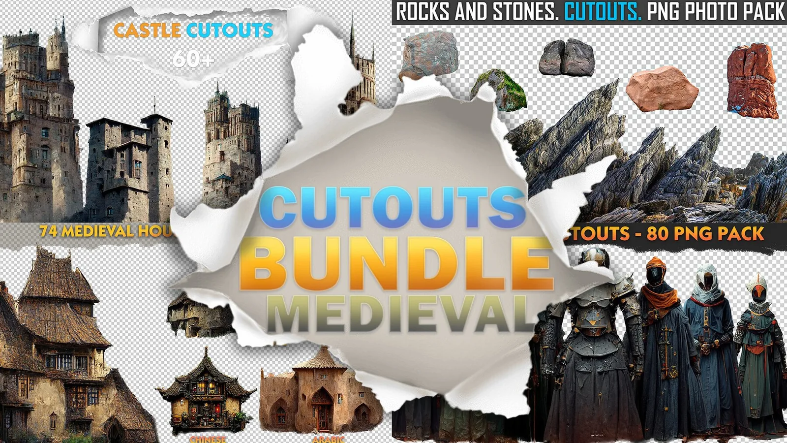 Medieval Bundle Cutouts (Castle, Characters, Houses, Vases, Mountains) - 300+ PNG Pack preview