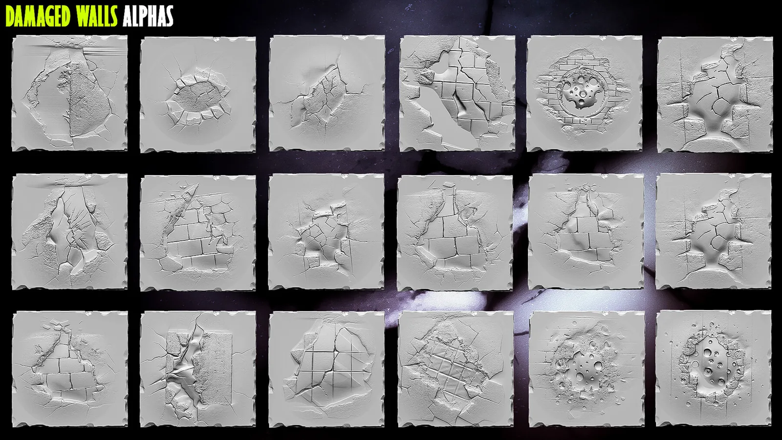 50+ Damaged Walls Alphas for Zbrush, Blender preview 2
