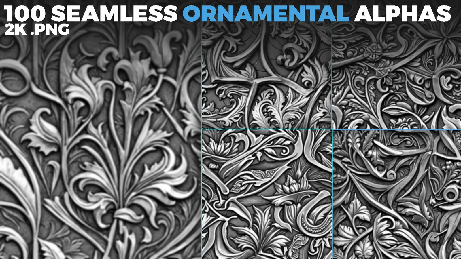 Ornamental Tileable Alphas (Displacement Maps) for ZBrush, Blender, Substance Painter vol.