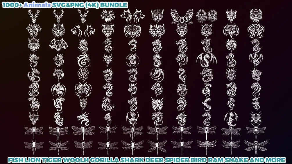 1000+ Animals SVG & PNG Bundle - Hand-Drawn Alphas Clipart for Digital Artists & Designers (Dragon, Wolf, Fish, Horse, Eagle, Bear and more) preview 3