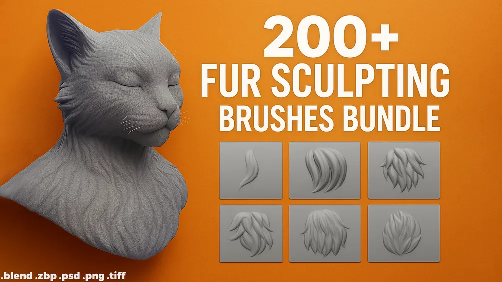 200+ Fur Sculpting Brushes Bundle for Blender, ZBrush (With Alphas In Png + Psd)