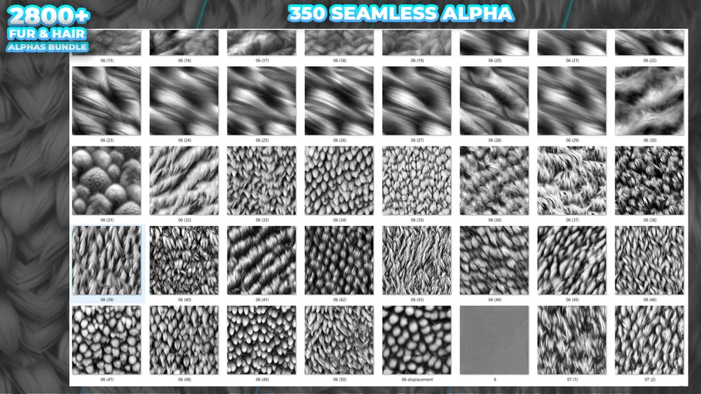 2800+ Fur & Hair Alphas (Displacement Maps) BUNDLE for Blender, ZBrush preview 4