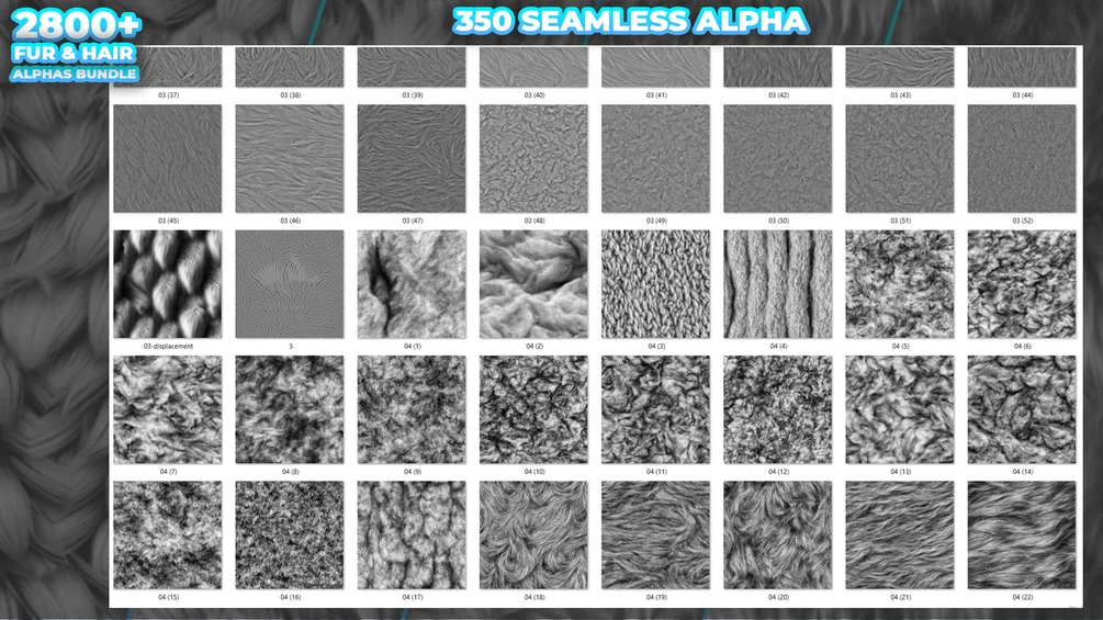 2800+ Fur & Hair Alphas (Displacement Maps) BUNDLE for Blender, ZBrush preview 2