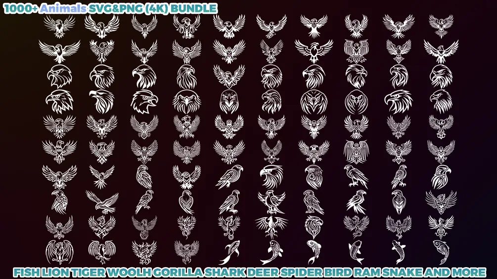 1000+ Animals SVG & PNG Bundle - Hand-Drawn Alphas Clipart for Digital Artists & Designers (Dragon, Wolf, Fish, Horse, Eagle, Bear and more) preview 4