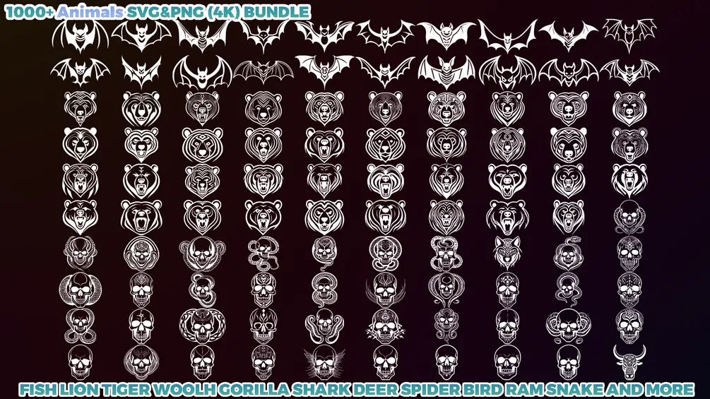 1000+ Animals SVG & PNG Bundle - Hand-Drawn Alphas Clipart for Digital Artists & Designers (Dragon, Wolf, Fish, Horse, Eagle, Bear and more)