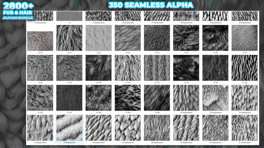 2800+ Fur & Hair Alphas (Displacement Maps) BUNDLE for Blender, ZBrush preview 6