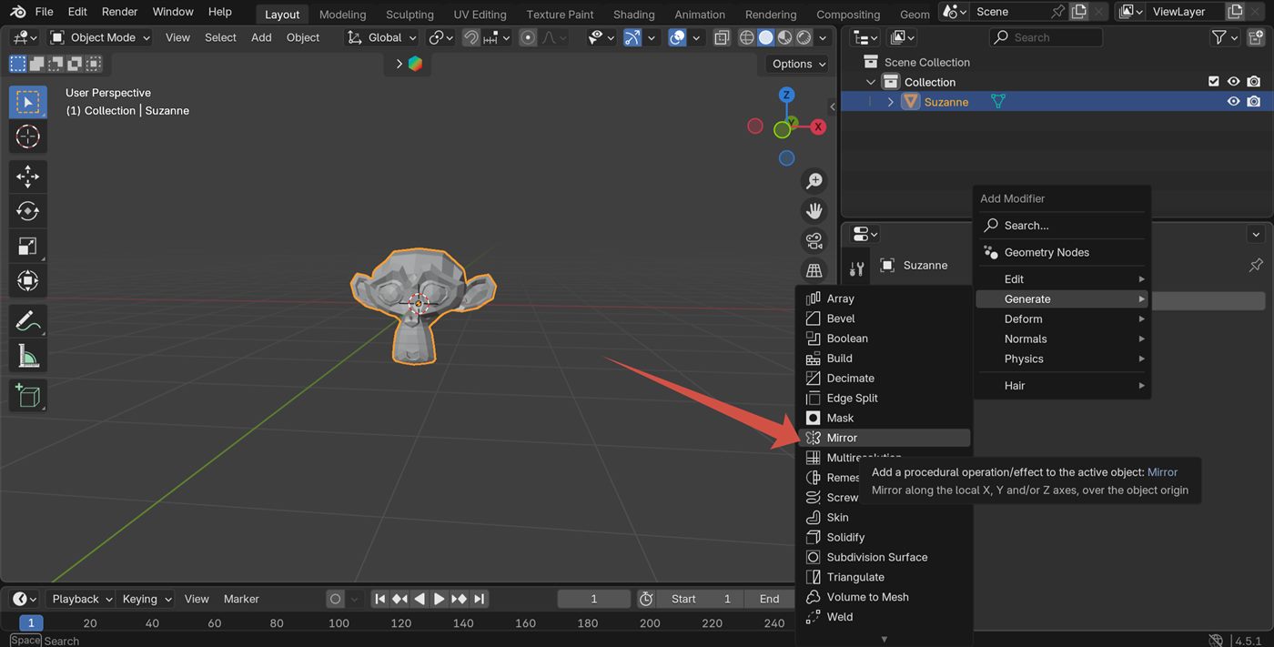 Mirror modifier selected in Blender modifier menu