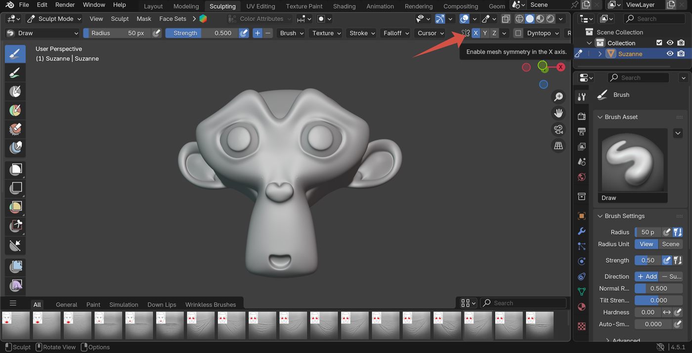 Blender Sculpt Mode symmetry controls on the X axis